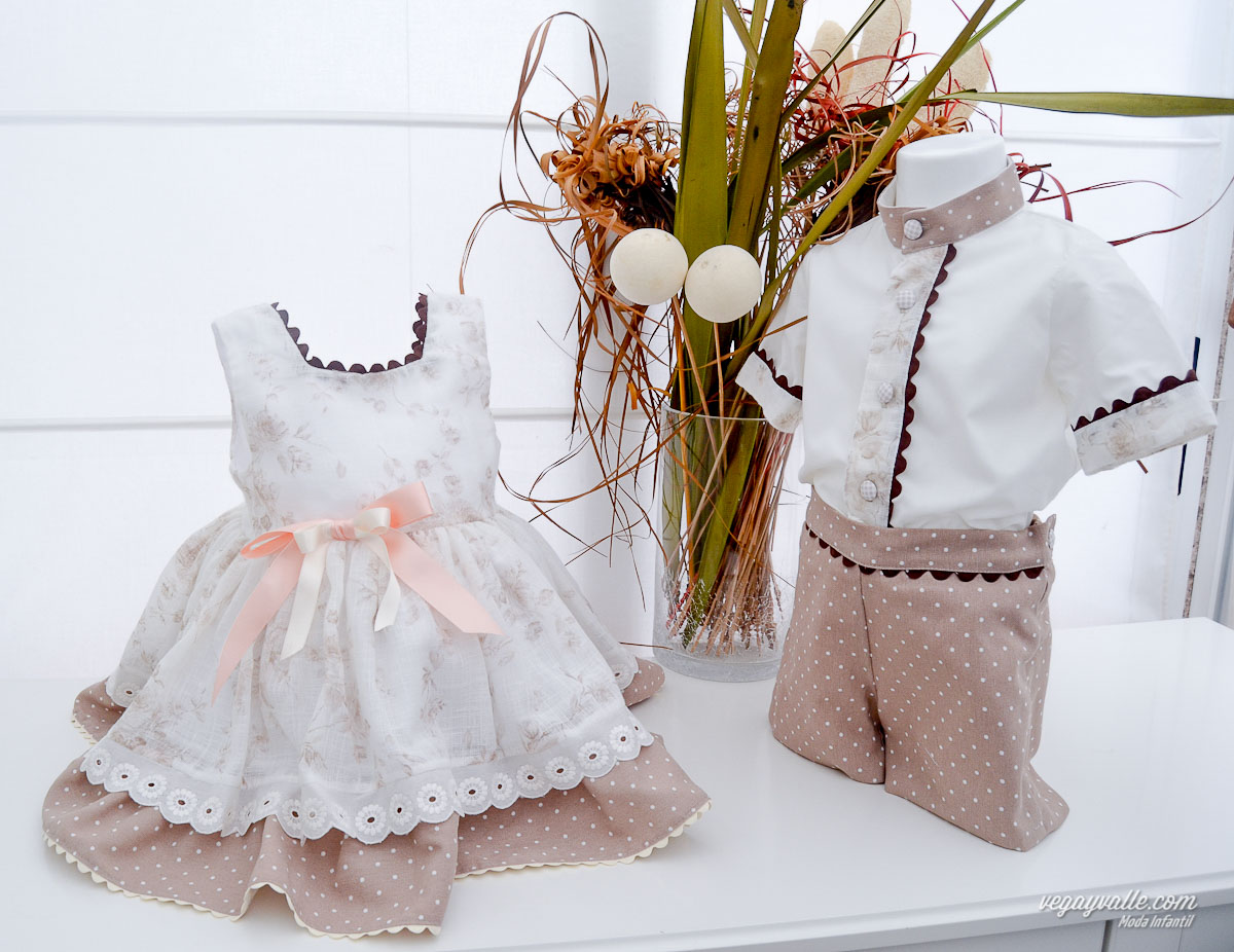 vestido para niña y conjunto para niño en tonos tostados ideal para los idas calurosos de verano